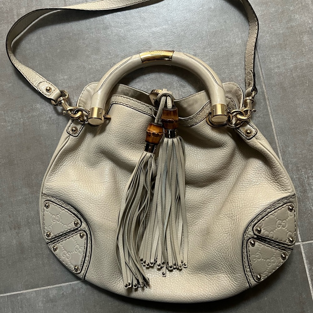 Authentic Gucci Cream Indy Bamboo Tassel Hobo Bag